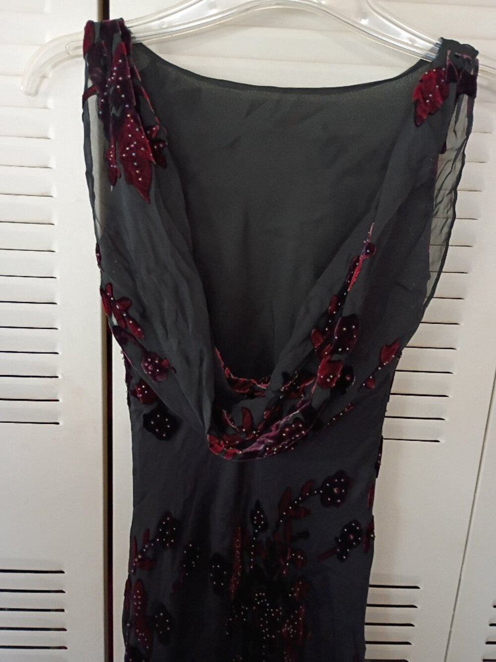 Vintage EXPRESS Silk Burnout Velvet Black Burgundy Beaded Dress Whimsigoth 1/2